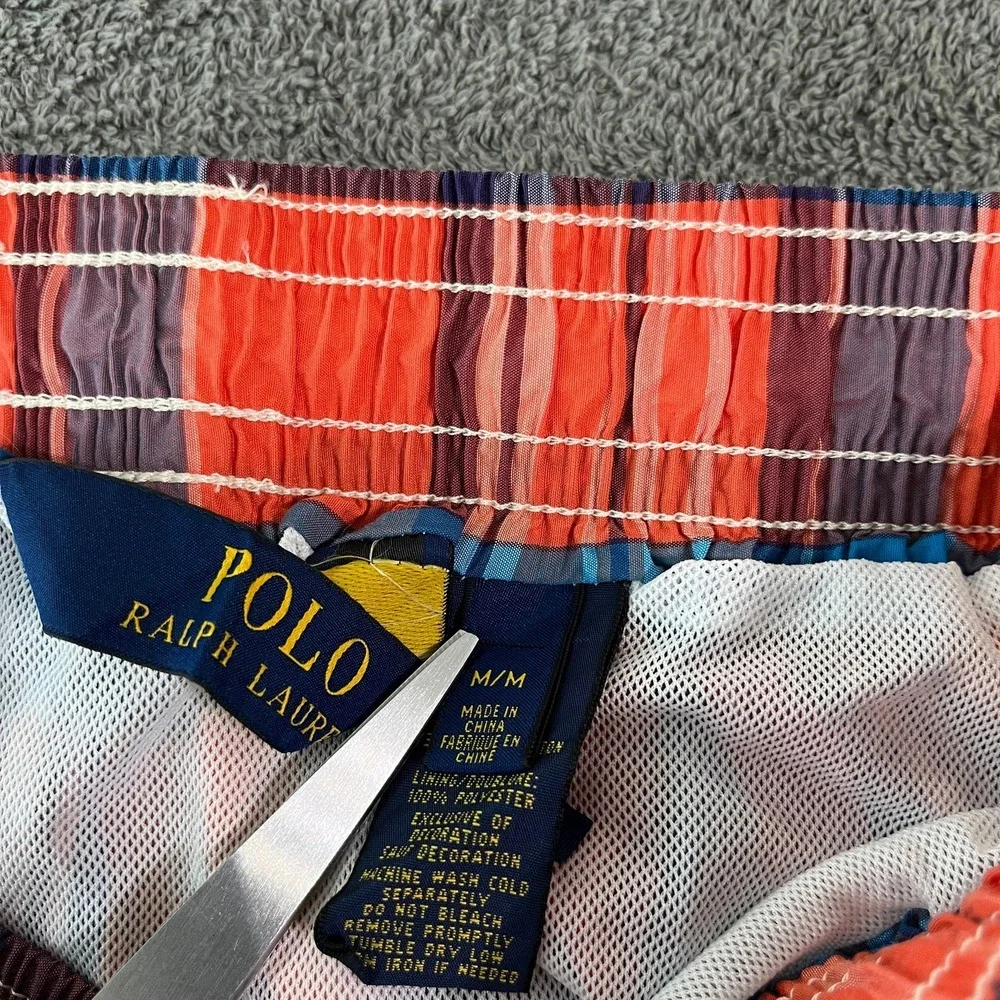 Polo Ralph Lauren Swim Shorts Mens‎ Medium Red Blue Plaid Drawstring Mesh Preppy